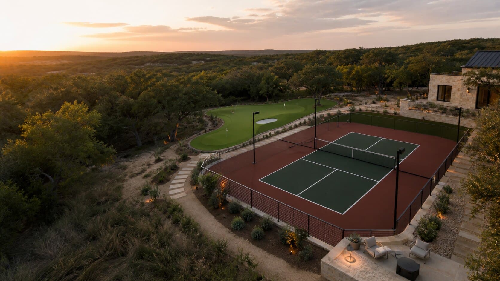 Refined private pickleball court and putting green in a Texas landscape